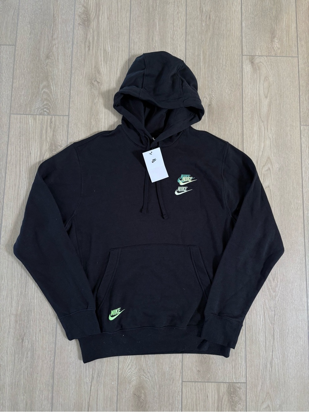 Nike Black Crewneck Hoodie with Light Green Swoosh Accents Size SMALL